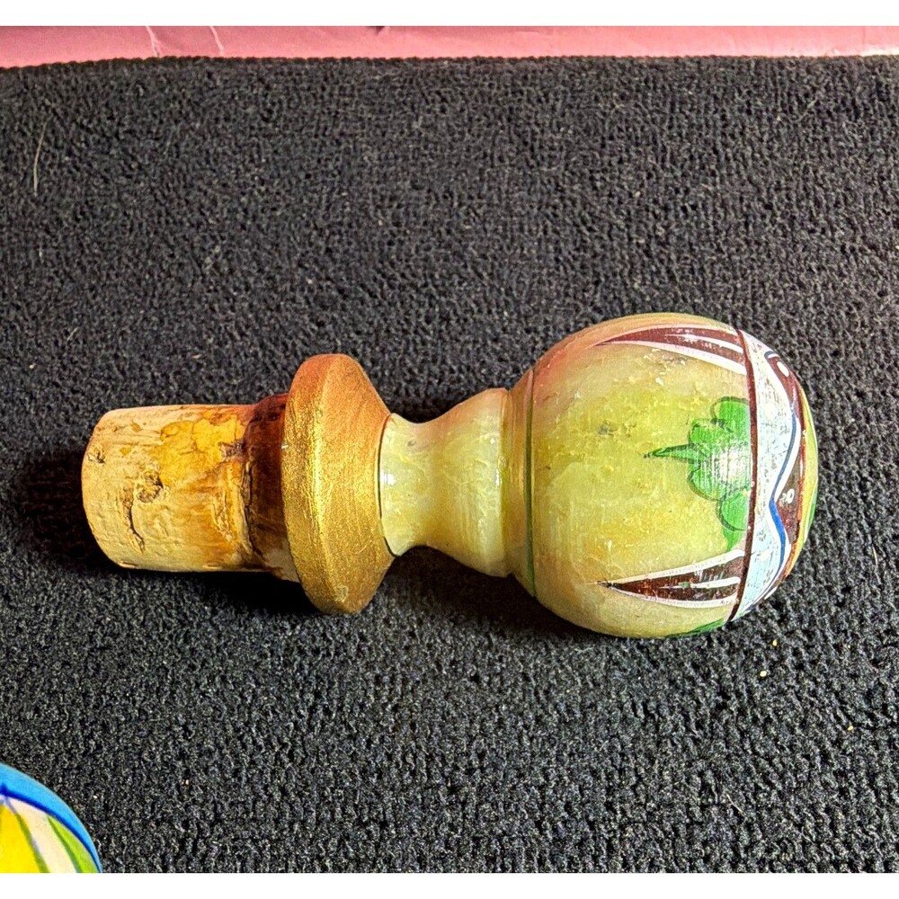Vintage Lot of 2 Hand Painted Bottle Stoppers Onyx Stone & Ceramic Corks